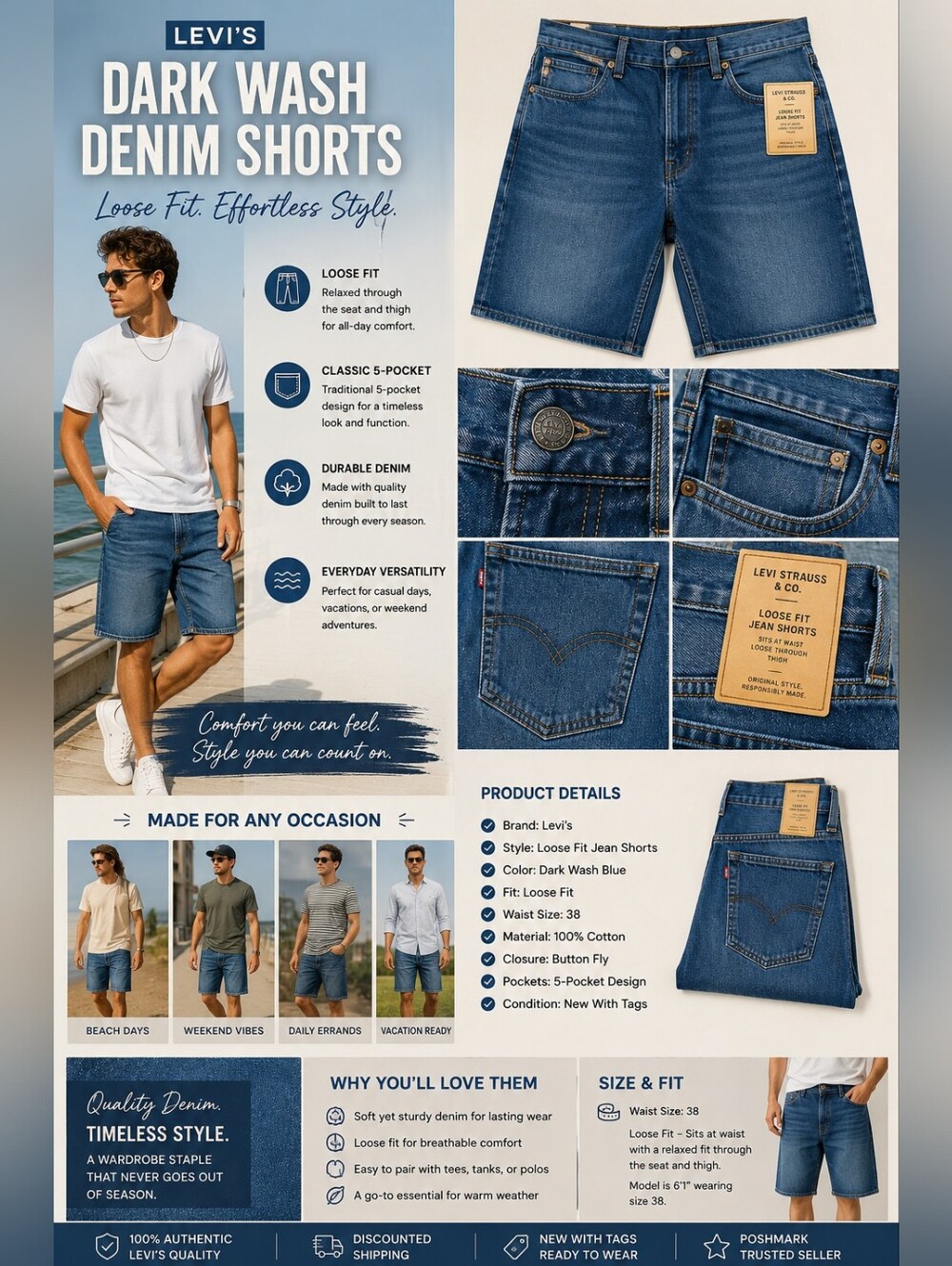 Levi’s Dark Wash Denim Shorts Men’s Loose Fit Jean Shorts Casual Summer Wear